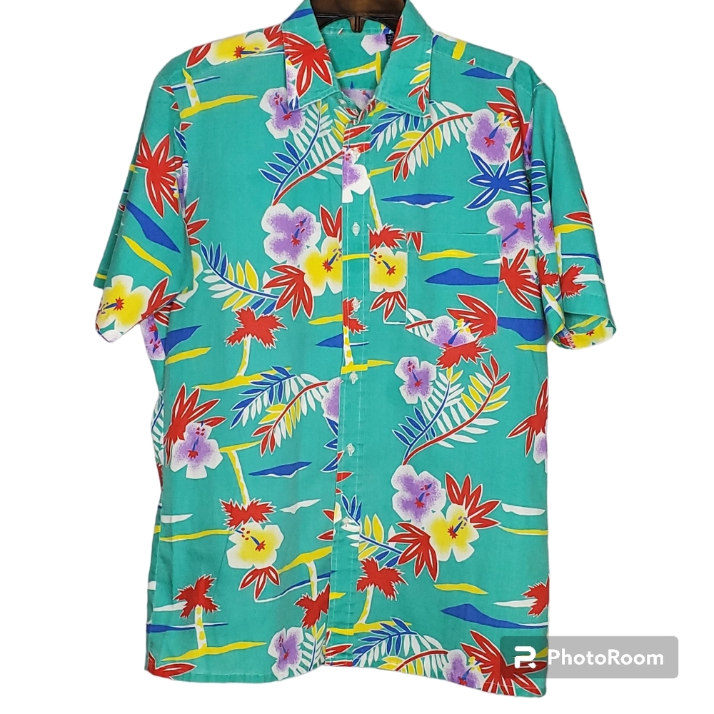 Vintage 80s Hawaiian button down short sleeve top vibrant colors size‎ medium